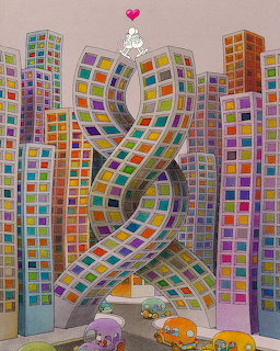 Whimsical cartoon city with colorful high-rises, looping roads, and two small figures under a pink heart