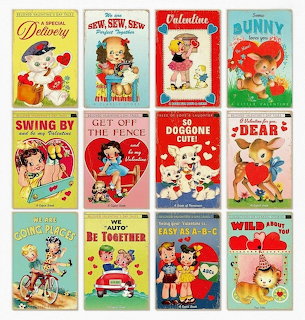 Grid of twelve vintage Valentine cards with children, animals, hearts, and romantic phrases in retro colors
