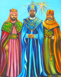 Three Magi in ornate robes with crowns, star above
