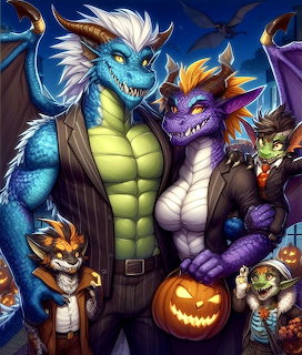 Anthropomorphic dragon family in Halloween costumes holding a jack-o'-lantern at night