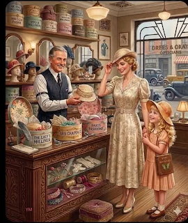 1930s millinery shop scene with shopkeeper, woman in lace dress, and young girl trying on hats