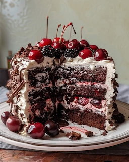 Slice of Black Forest cake topped with cherries, cream, and chocolate shavings on a white plate