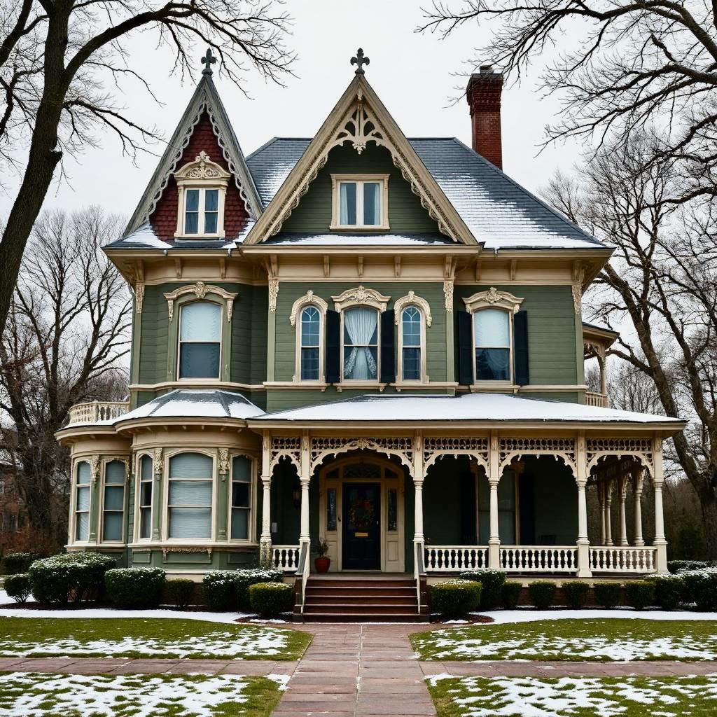 Green Victorian mansion with white trim and wraparound porch in winter setting with bare trees