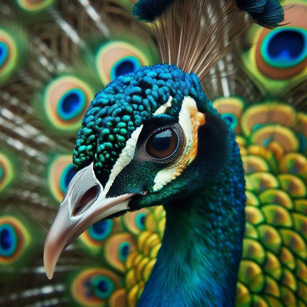 Close-up of a peacock's head and colorful tail feathers