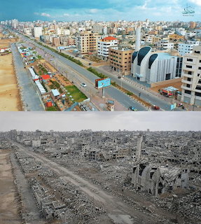 Split image comparing Gaza city intact with colorful buildings and mosque versus the same area reduced to rubble