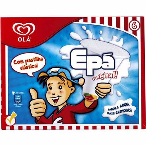 Epá o original ice cream box by Olá brand with cartoon boy mascot, red and white packaging