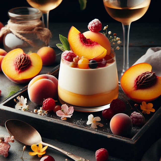 Layered panna cotta dessert with peach slices and berries on slate board