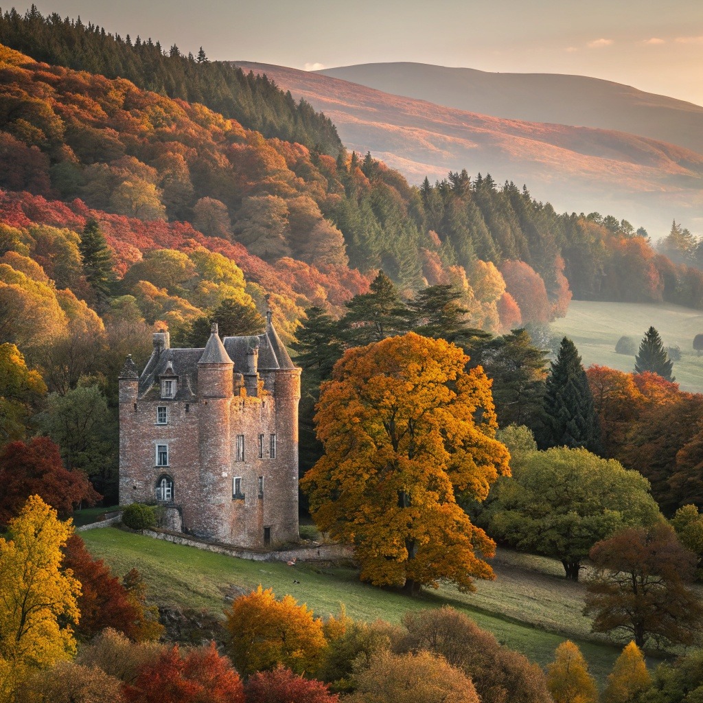 Stone castle amid colorful autumn trees with mountains in background