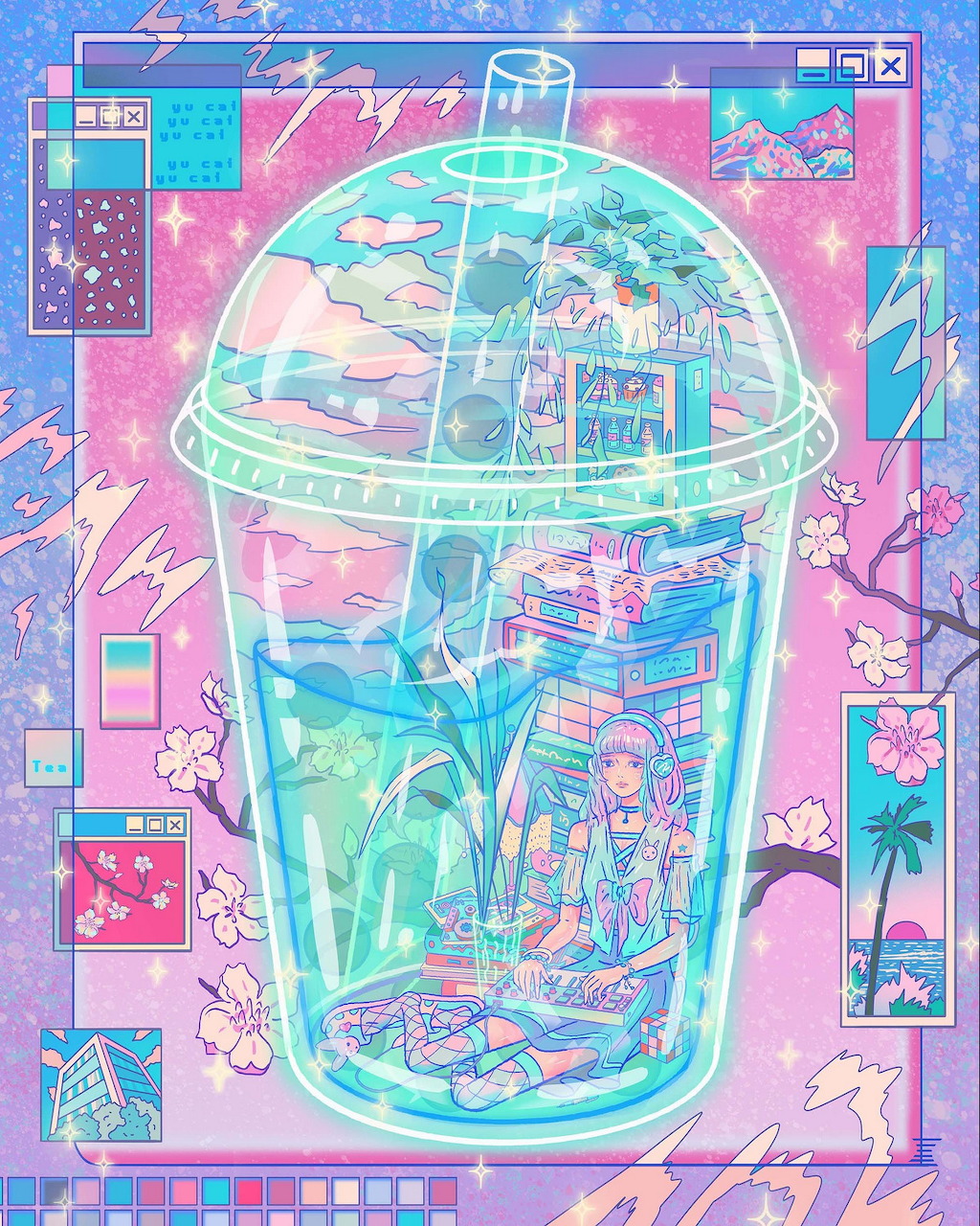 Anime illustration of a glowing cup holding a tiny city scene with pastel pink and blue tones and retro computer UI frames