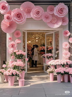 Flower shop entrance with pink paper flowers and buckets of pink roses and carnations