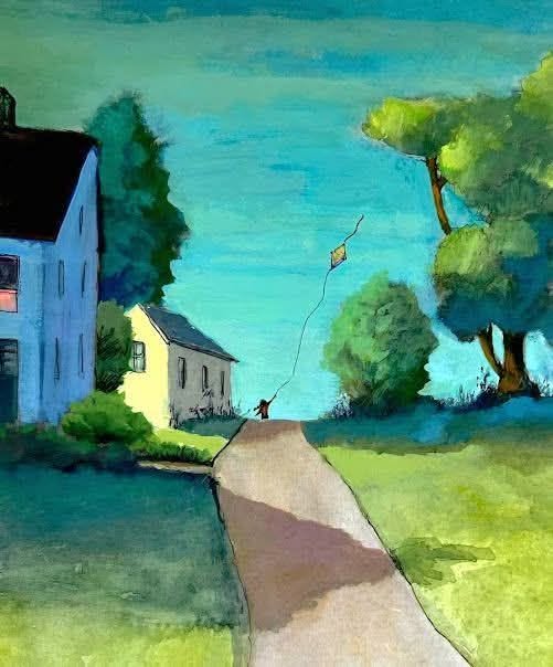 Painting of a person flying a kite on a country road near houses and trees