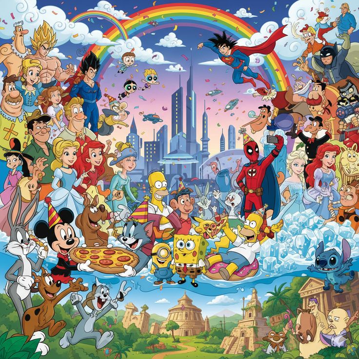 Large collage of Disney cartoon characters including Mickey Mouse, princesses, and others surrounding a central cityscape