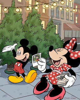 Mickey and Minnie Mouse cartoon characters on urban street with festive string lights overhead