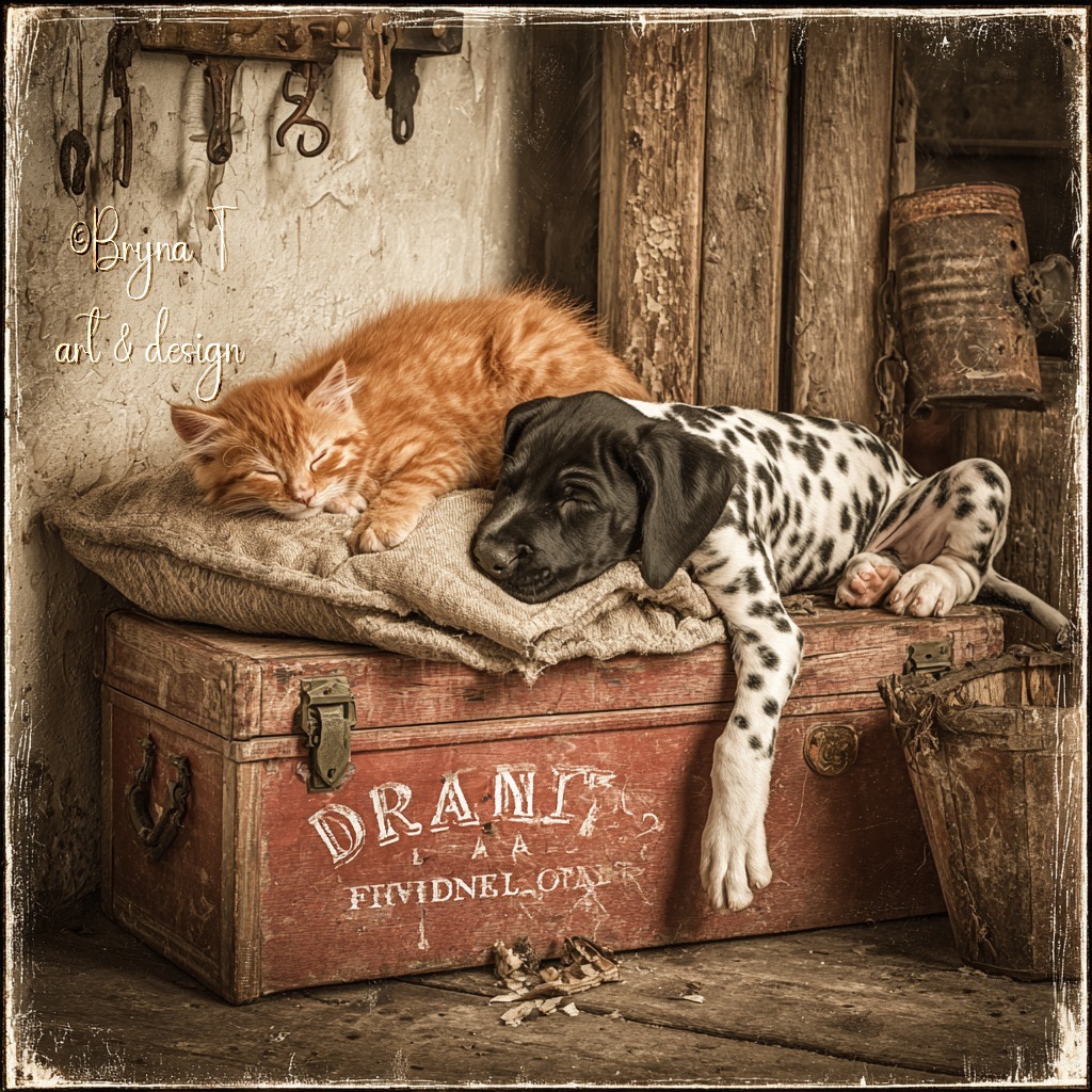 Orange kitten and dalmatian puppy cuddled asleep on vintage wooden crate in rustic barn