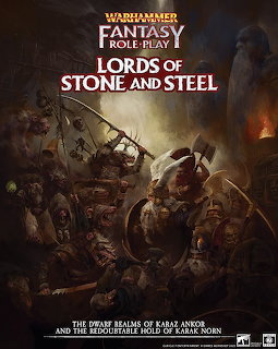 Warhammer Fantasy Roleplay Lords of Stone and Steel cover art with dwarfs fighting in a dark cavern