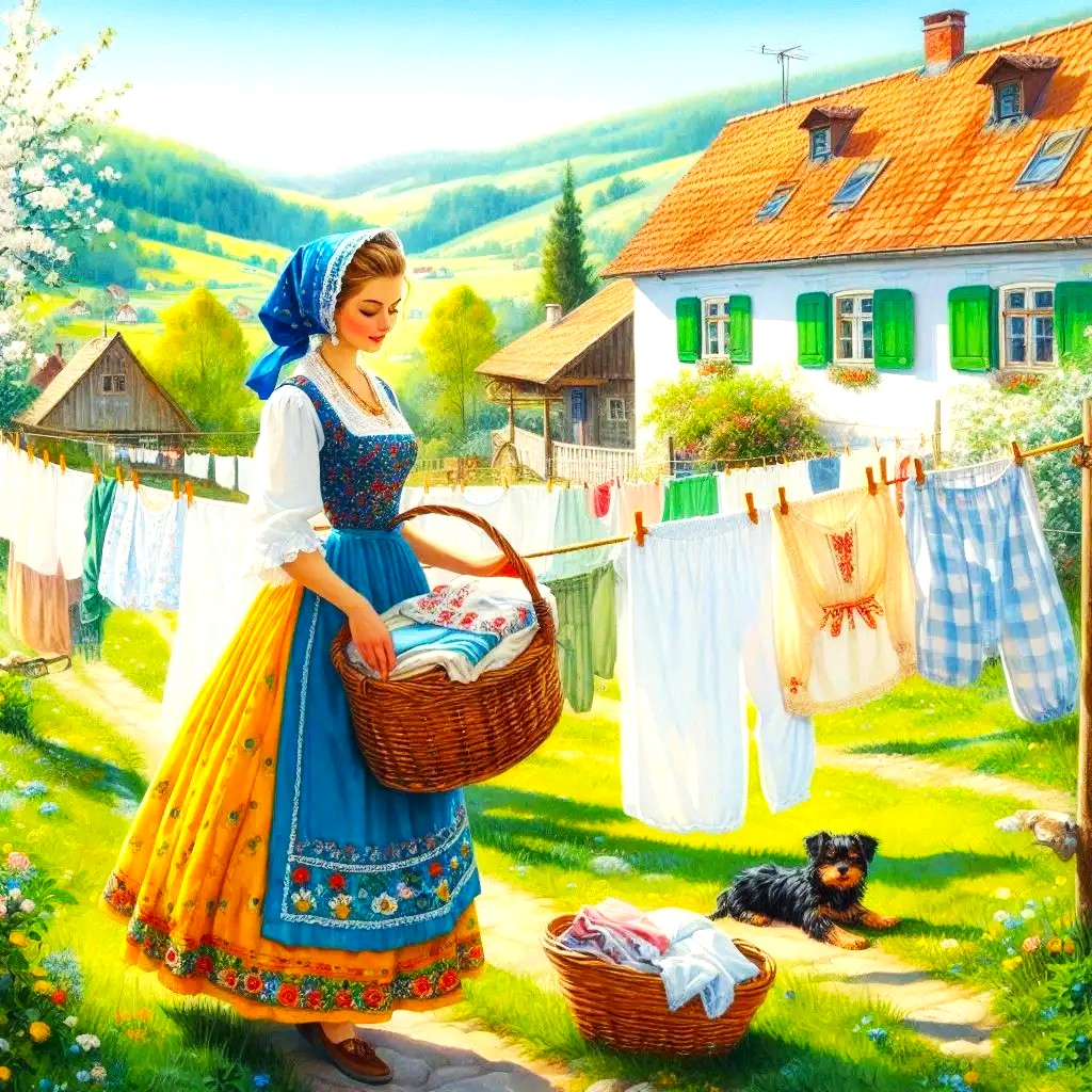 Woman in traditional dress hanging laundry with basket, cottage and valley landscape background, small dog nearby