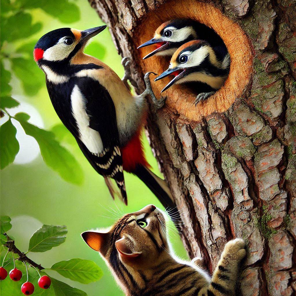 Woodpecker on a tree trunk near its nest as a tabby cat climbs below