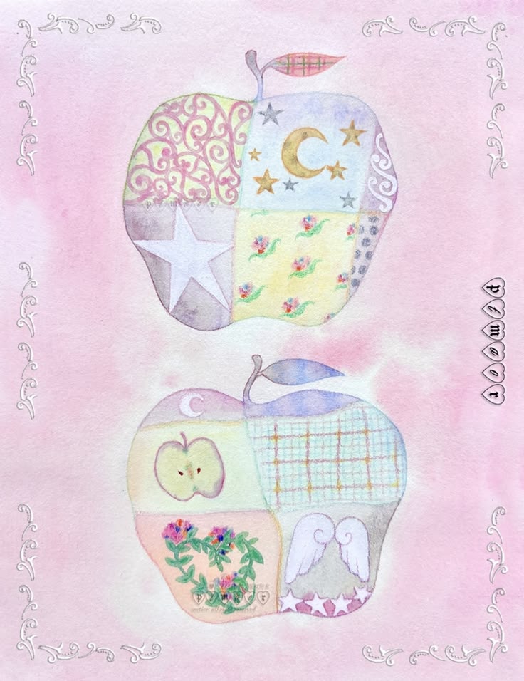 Two decorative apples made of patchwork fabric patterns including florals, plaid, and stars on pink background