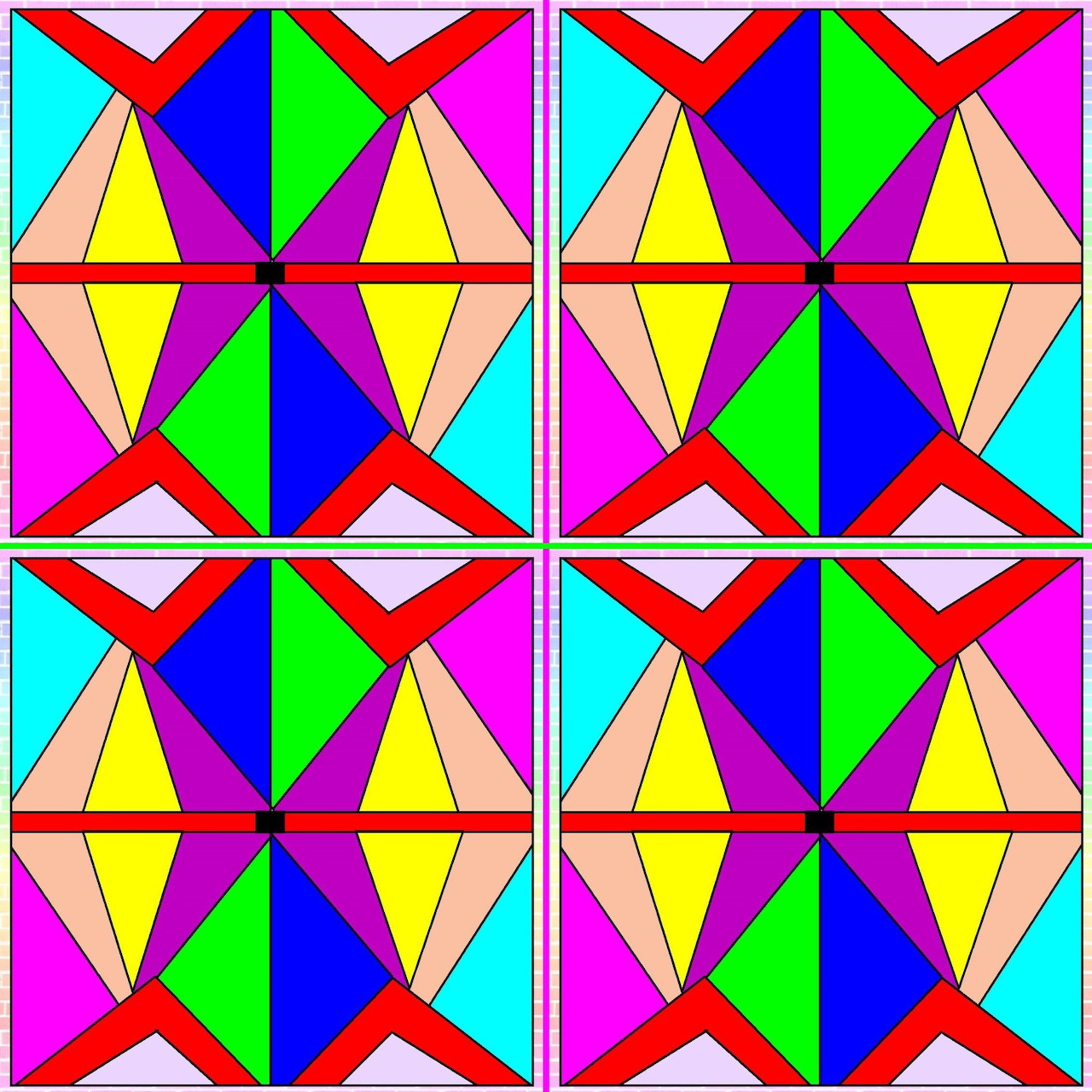 Colorful geometric pattern with triangles in red, blue, yellow, green, pink, and orange arranged in mirrored quadrants