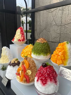 Six bowls of colorful shaved ice desserts with various fruit toppings and syrups arranged on a table