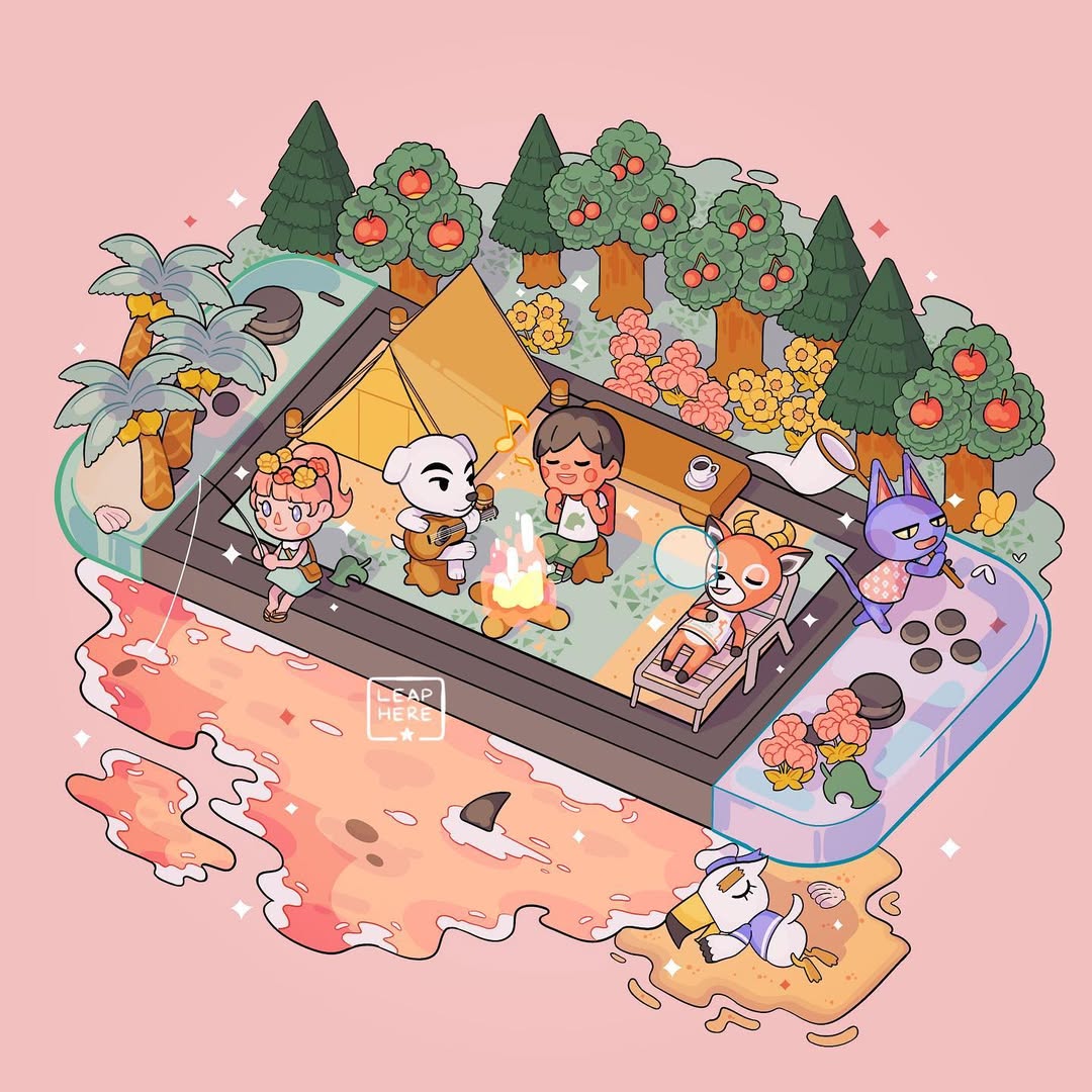 Isometric illustration of characters camping around campfire with tent and trees
