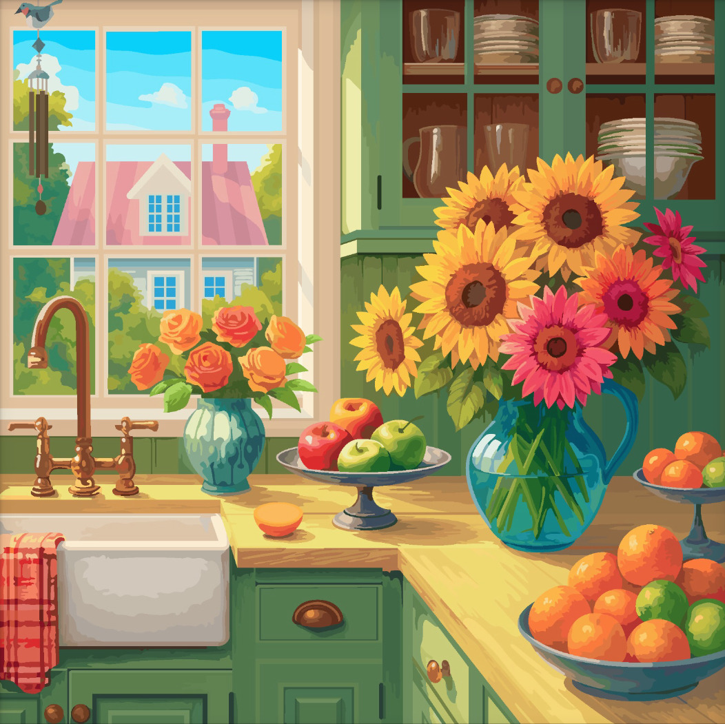 Illustrated kitchen interior with flower bouquets, fruit on the counter, green cabinets, and a sunny window