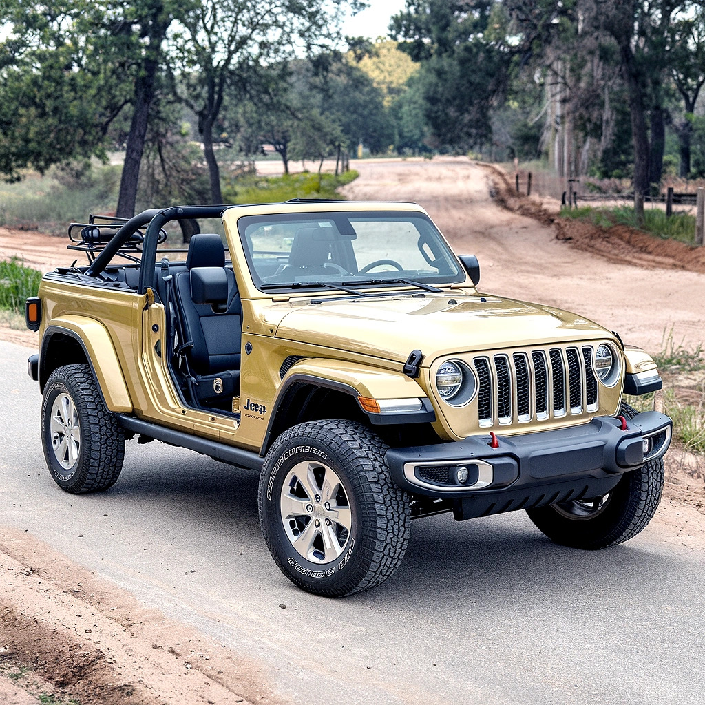 Gold Jeep Wrangler without doors on dirt road in wooded area
