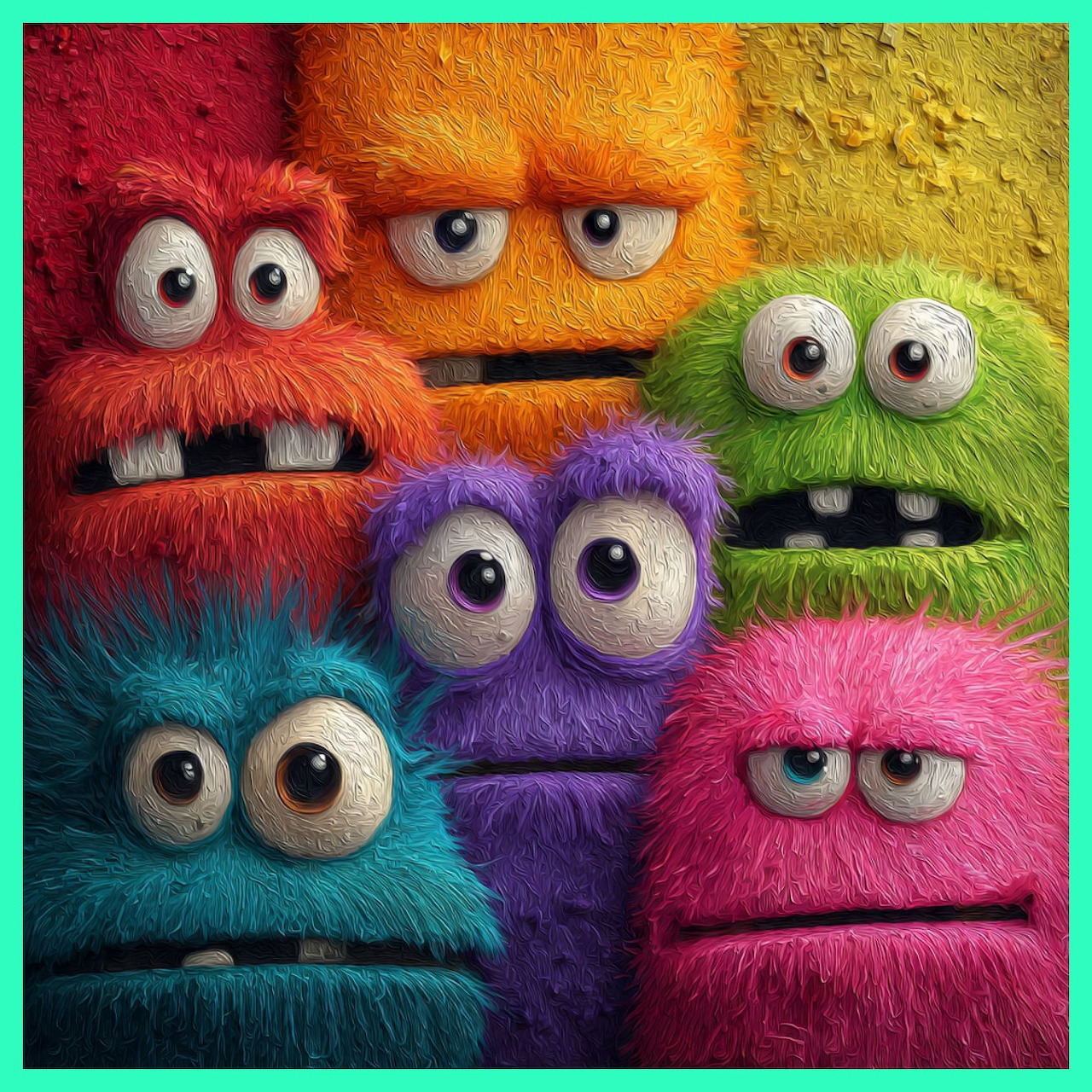 Six colorful furry monsters with large eyes showing different expressions in red, orange, yellow, green, blue, and purple