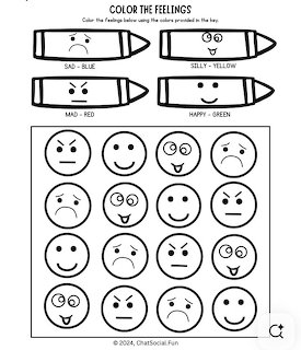 Coloring page with crayon icons and grid of emoji faces showing various emotions