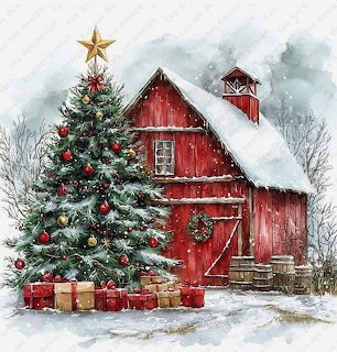 Watercolor painting of Christmas tree with presents beside snow-covered red barn