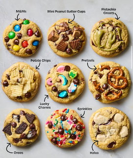 Nine cookies with labeled toppings including M&Ms, pretzels, sprinkles, Oreos, and peanut butter cups on a white background