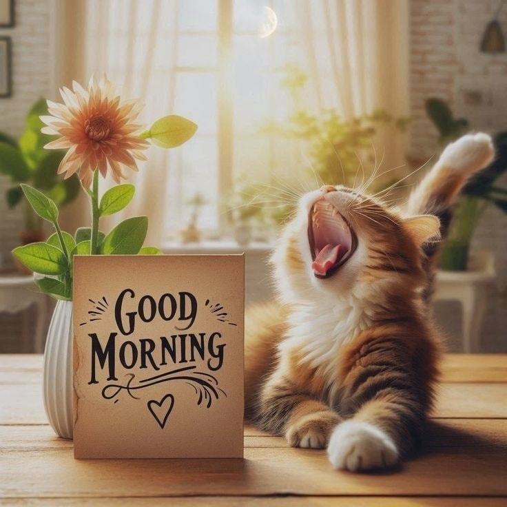 Orange tabby cat yawning beside coffee mug with sunflower and Good Morning text near bright window