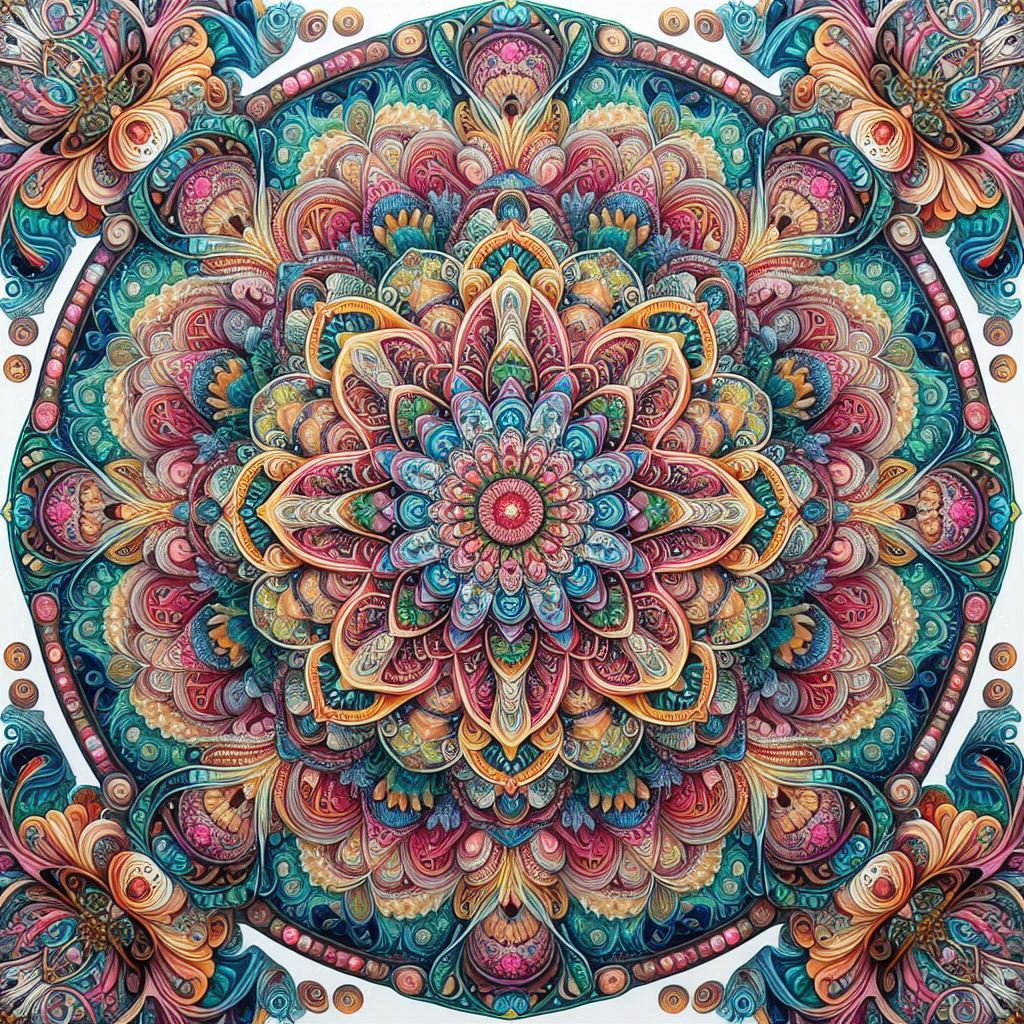 Colorful ornate mandala with symmetrical floral layers in teal, coral, purple and gold on dark background