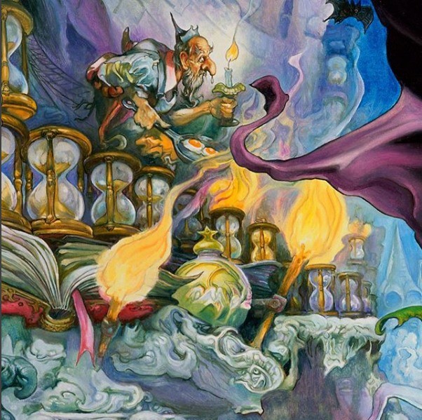 Fantasy painting of Mort character with hourglasses in swirling purple and blue cosmic setting