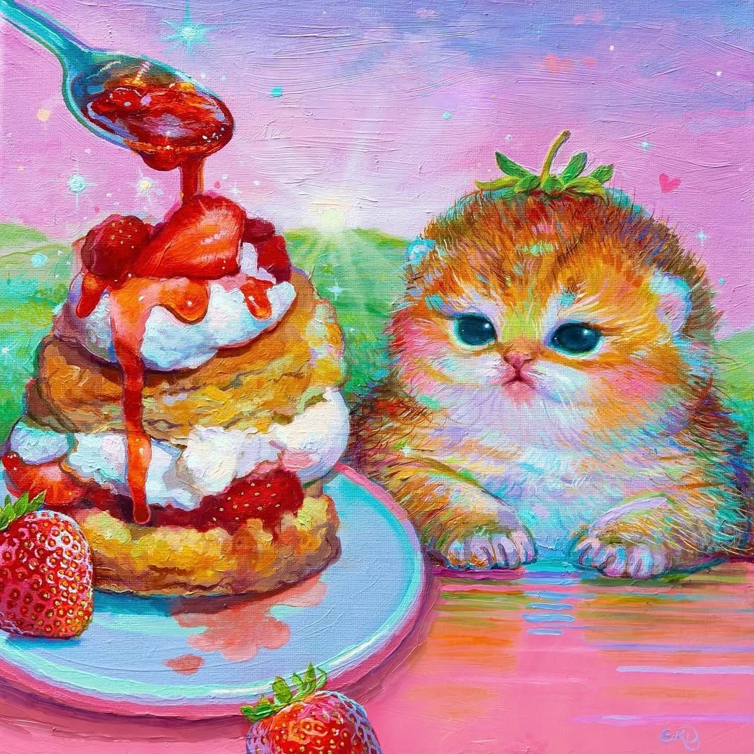Colorful painting of a fluffy kitten next to pancakes with cream, strawberries, and dripping syrup