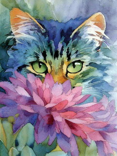 Watercolor painting of a cat with yellow-green eyes behind a pink and purple flower with soft, colorful brushstrokes