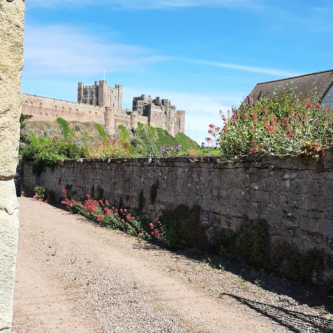 Sunlit path between stone walls with Bamburgh Castle in the distance under a blue sky