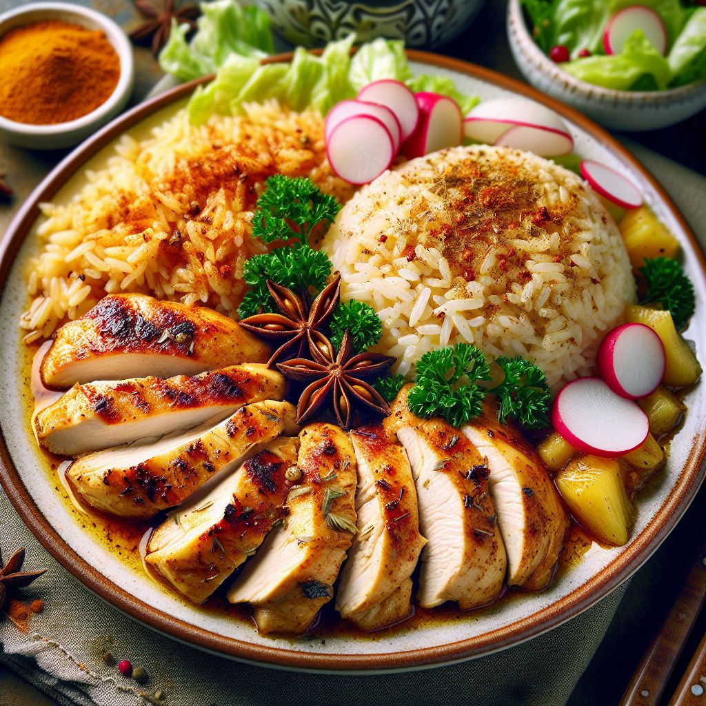 Tunisian Rouz Djej plate with sliced chicken, rice, radishes, and greens