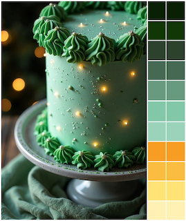 Tall green frosted cake with Christmas tree decorations and golden sparkle lights on a cake stand