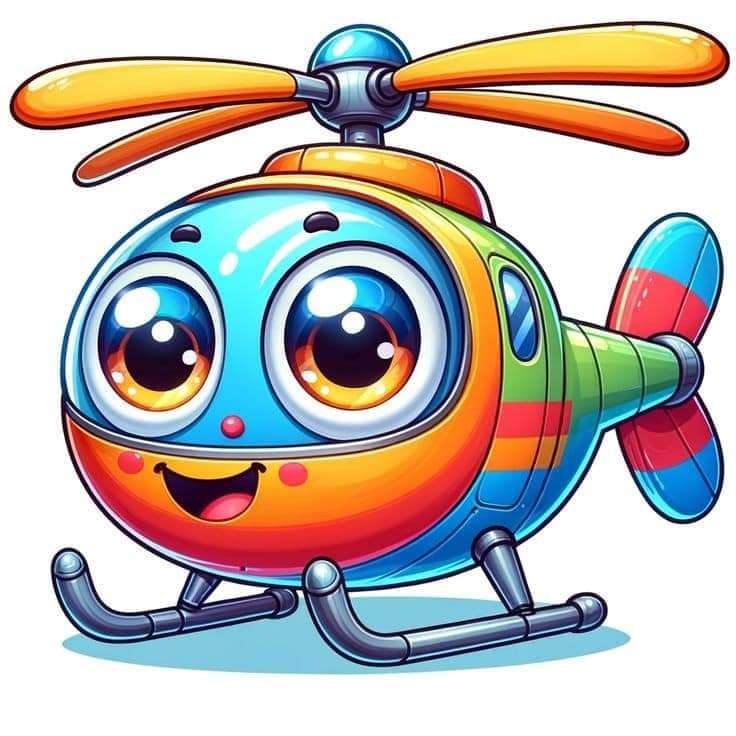 Cute cartoon helicopter with big eyes and rainbow colored body, smiling cheerfully