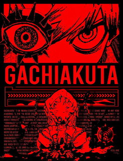 Red and black manga poster with intense character eyes and Gachiakuta title text in bold letering