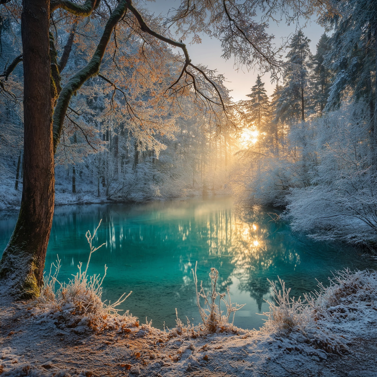 Turquoise lake surrounded by snow-covered trees with sunlight shining through in winter