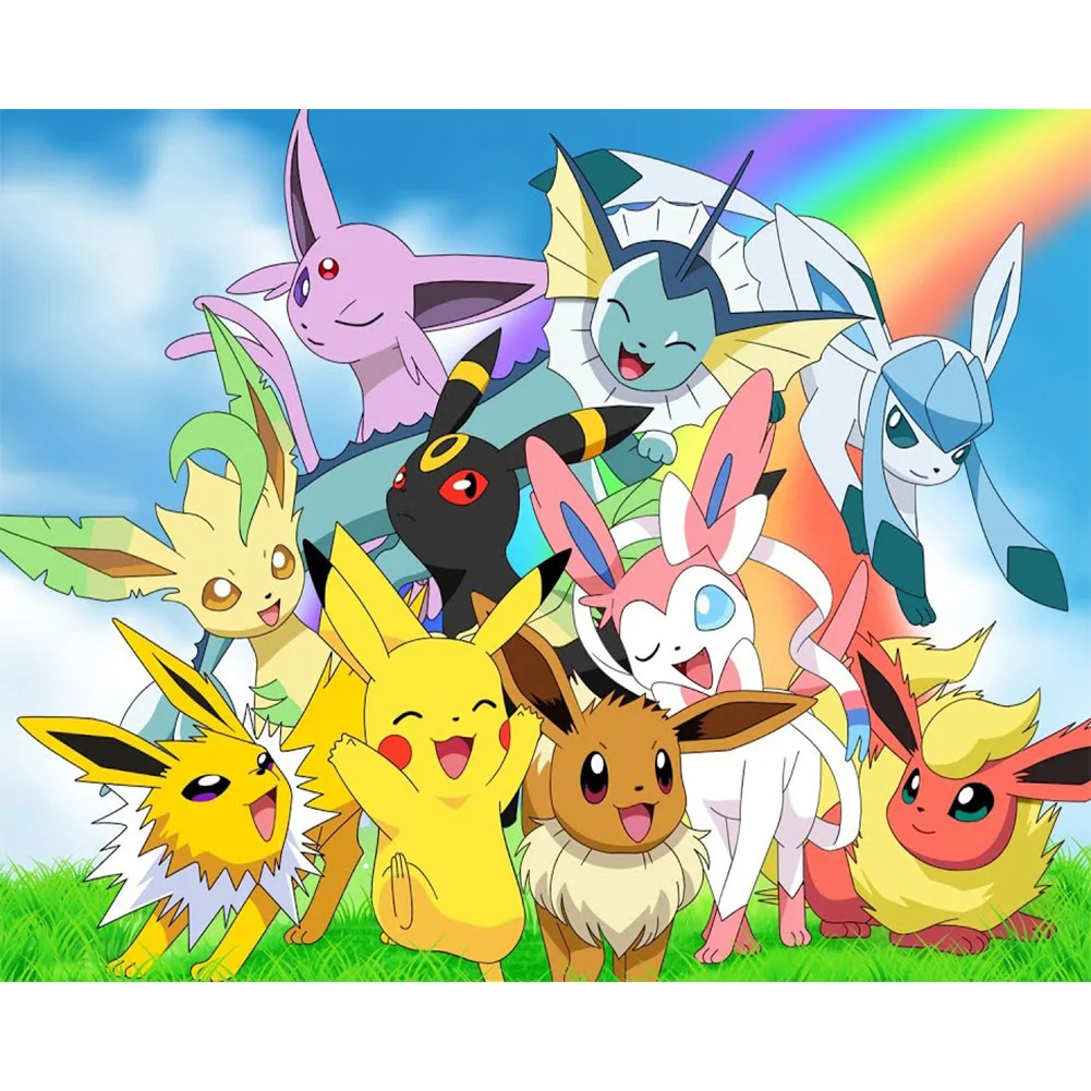 Group illustration of Pikachu and eight Eeveelution Pokemon characters with rainbow sky background