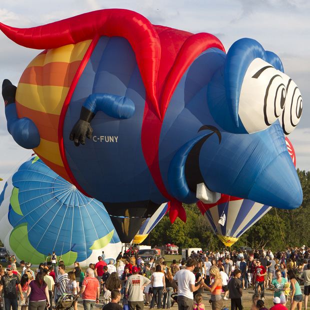 Crowd watching colorful hot air balloons, including a large blue elephant-shaped balloon, on a field