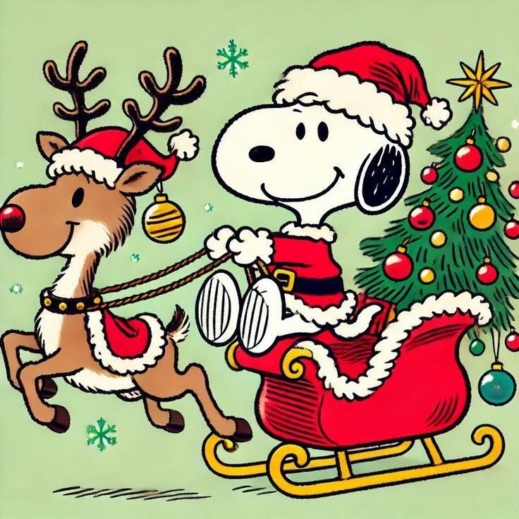 Snoopy dressed as Santa Claus in a sleigh with a reindeer and Christmas tree