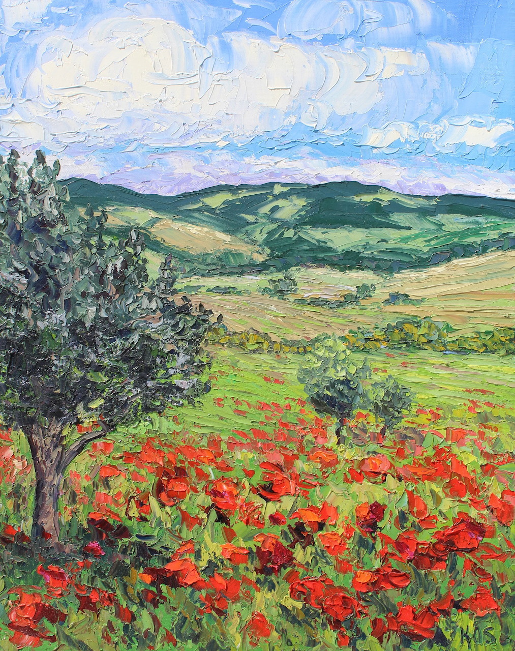 Impressionist painting of red poppies in a green field with rolling hills, a tree, and blue sky