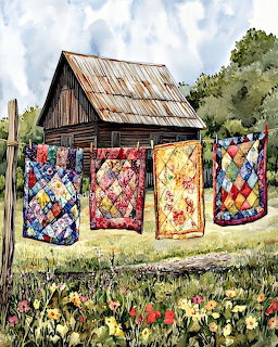 Four patchwork quilts hanging on a line in front of a rustic barn with a flower meadow