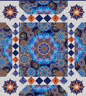 Decorative quilt with blue mandala patterns, orange star blocks, and geometric borders on white fabric