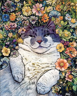 Gray and white cat lying contentedly among colorful flowers in illustrated garden scene