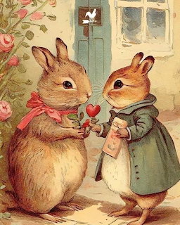 Vintage illustration of a rabbit giving a red heart to a squirrel in a green coat near a cottage door